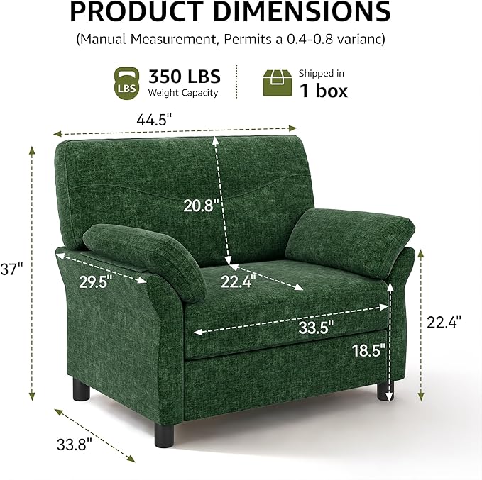 44.5 Oversized Accent Chair Comfy Chenille Fabric Living Room Chairs Upholstered Modern Armchair Extra Large Single Sofa Reading Chair for Bedroom Apartment Tool-free Assembly Dark Green
