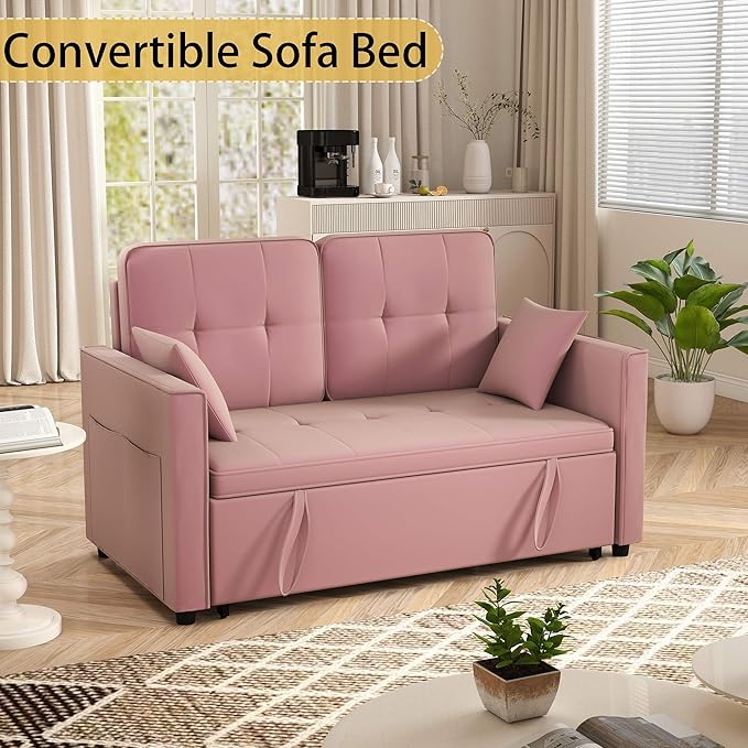 Pink Convertible Sofa Bed: 3 in 1 Sleeper Sofa Couch Bed Pull Out Couch with Adjustable Backrest Velvet Convertible Loveseat Sleeper for Living Room for Living Room(Pink)