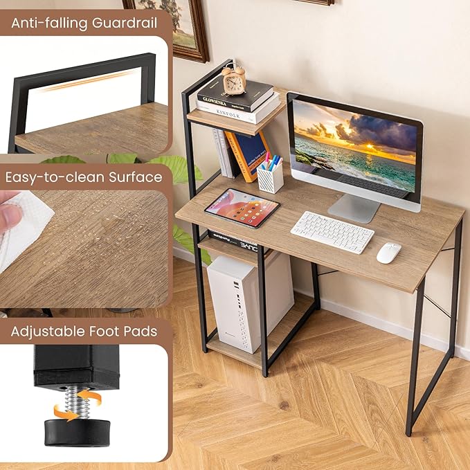 Tangkula Computer Desk with Shelves Space Saving Home Office Desk with 3-Tier Ladder Shaped Storage Bookshelf Modern Writing Study Desk with Metal Frame Compact Computer Workstation (Natural)