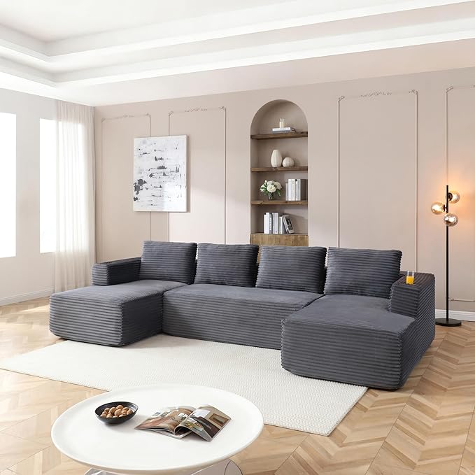 132-Inch U-Shaped Cloud Sectional Couch Symmetrical Modular Compressed Boneless Sectional Sofa with Chaise Lounges Plush Corduroy Boneless Corner Sofa W/Cupholders