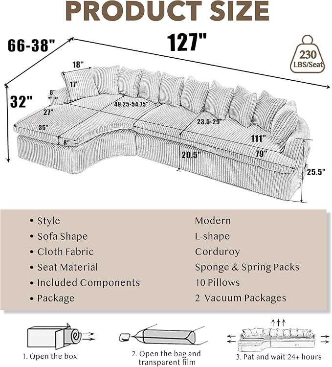 127 Modular Sectional Corduroy Sofa L Shaped Cloud Couch with 10 Pillows Comfy Curved Sofa with 7 Iron Frames Modern Left Chaise Lounge Couches for Living Room Bedroom Apatment Gray