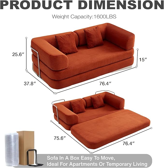 MYFUNSHOP Sleeper Sofa Bed4-in-1 Convertible Folding Boneless CouchFoldable Love Seat with Blanket Pillow Corduroy Floor Futon Couch for Living RoomBedroomLounge Studio