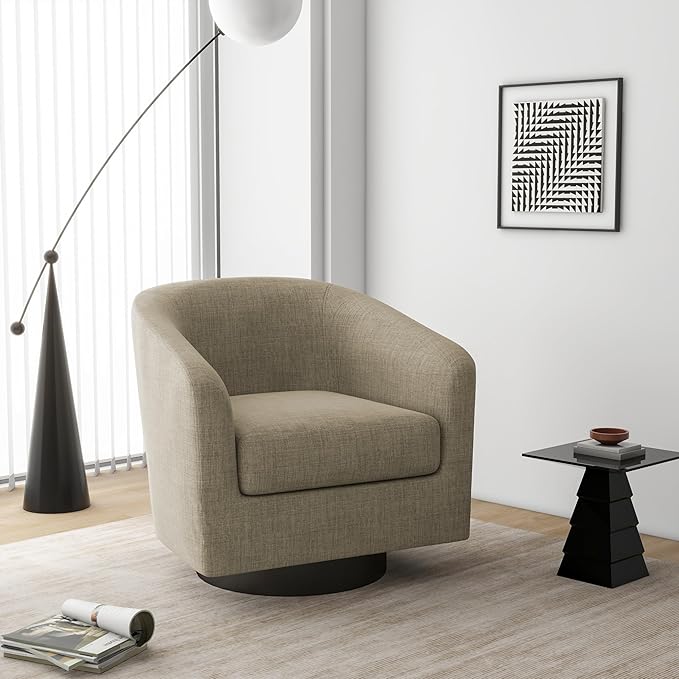 Swivel Barrel Accent Chair Modern Round Linen Arm Chair for Living Room Bedroom Comfy Club Reading Chairs for Adults（Linen Fabric Light Brown Set of 4