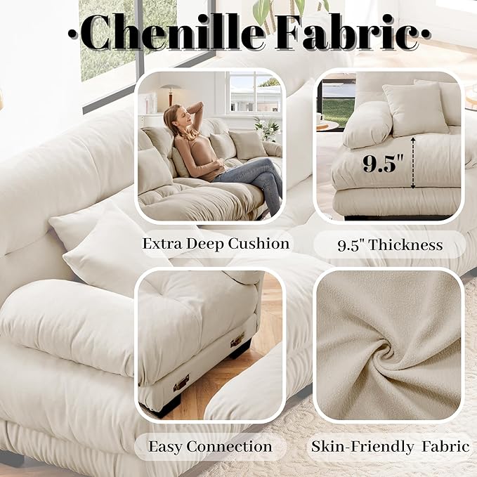 Modular Sectional Sofa for Living Room173 L-Shaped Comfy Couch with Ottoman Oversized 4 Seater Beige Sectional Couches with Pillows Fluffy Couch Set with Deep Seat