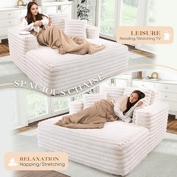 Chaise Lounge Chair Indoor Comfy Corduroy Plush Fluffy Foam Floor Compression Sofa Chair Leisure Reading Single Sleeper Chaise Chair for Living Room Bedroom Office Pillows Included (Beige)