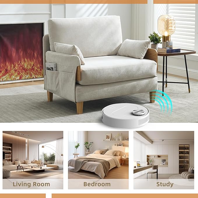 Mid-Century Modern Accent Chair 2-in-1 Foldable Sofa Couch Convertible Sleeper Bed Extra Wide Upholstered Armchair with 3 Pillows &amp Side Pocket for Living Room Bedroom (Beige)