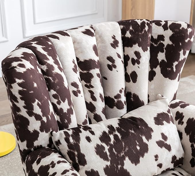 Mid Century Modern Accent Chair Upholstered Armchair Comfy Western Fabric Single Sofa with Lined Wingback for Small Spaces Bedroom Living Room Cow 30.1D x 30.5W x 35H in