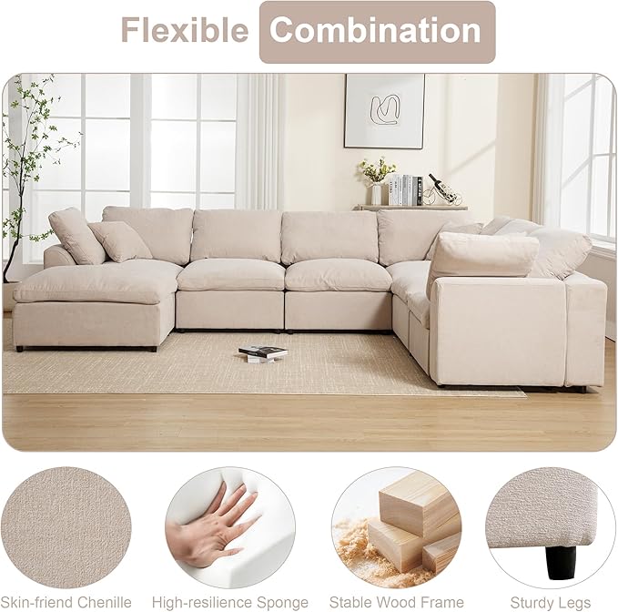 129.3 Oversized Modular Sectional Sofa U Shaped Couch with Movable Ottoman Large 7 Seat Corner Couches for Living Room Spacious Space Beige