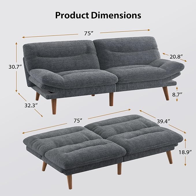 Pipishell Futon Sofa Bed Modern 73 Futon Couch Convertible to Bed &amp Lounger Compact Size Corduroy Loveseat Durable Construction - Fits Small Spaces ApartmentsStudy Room (Volcanic Gray 73 I