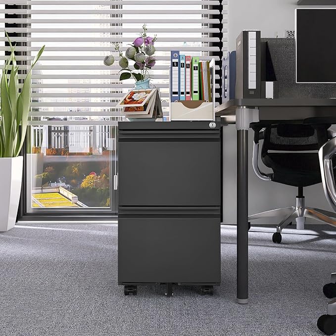 2 Drawer Mobile File Cabinet Office Storage Cabinet with Lock Wheels Metal Vertical File Cabinet for Under The Desk Home Office for Letters/Legal/A4 (Black)