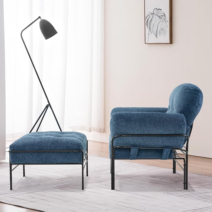 MCombo Modern Accent Chair with Ottoman Chenille Upholstered Leisure Sofa Chair for Small Space Living Room &amp Bedroom 4071 (Blue)