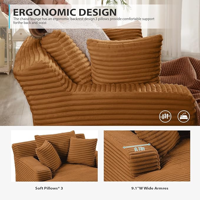 67 Inch Chaise Lounge Chair Indoor Oversized Corduroy Upholstered Boneless Sofa Bed Deep Seat Sleeper Couch Reading Chairs Cloud Sofas Couches for Living Room No Assembly Required (Orange)