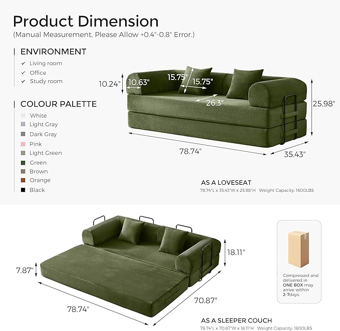 79 Convertible Sofa Bed with Fixed-Shape Frame &amp Removable Armrests Modular Corduroy Sleeper Sofa Folding Mattress Couch for Small Spaces - No Assembly Needed in Green (Includes 2 Pillows)