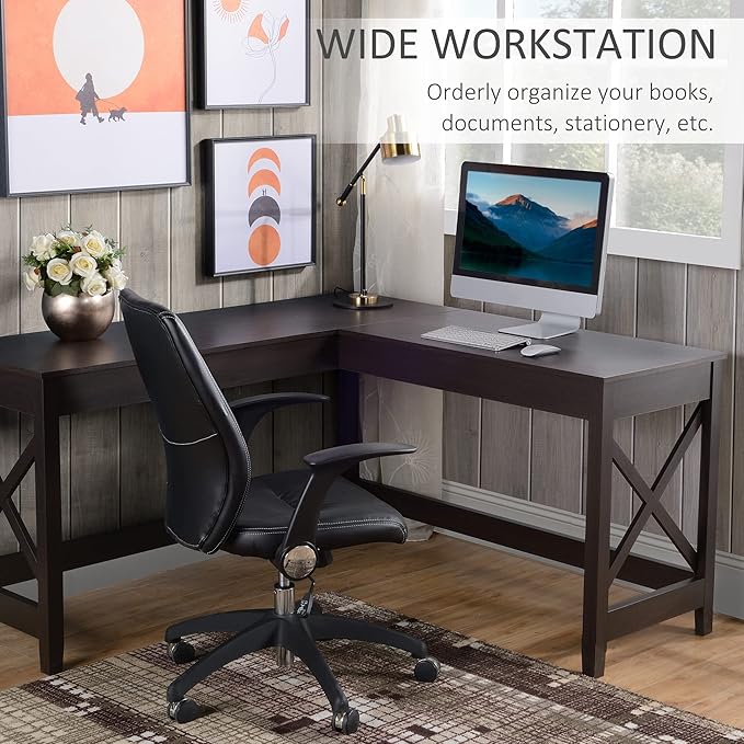 57 L Shaped Corner Desk Computer Home Office Desk and Writing Table Brown
