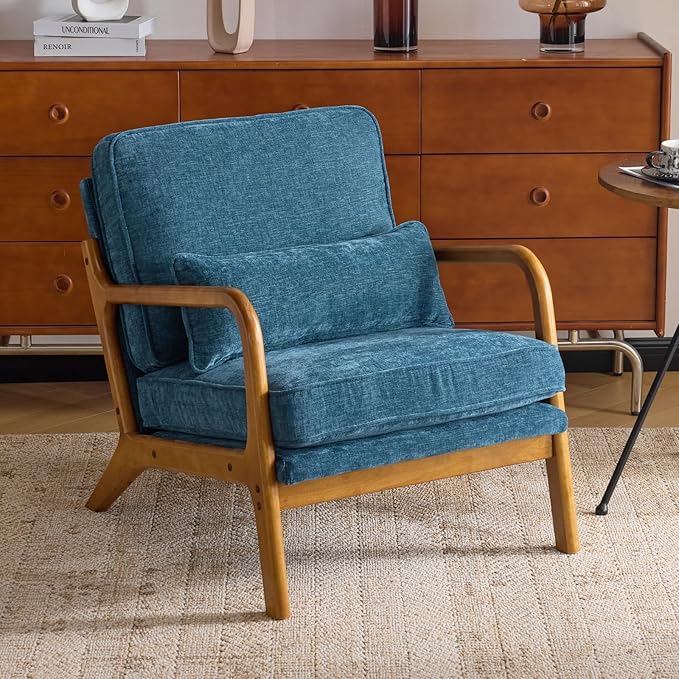 Karl home Mid Century Modern Accent Chair with Lumbar Pillow &amp Oak Arms – Plush Chenille Living Room Chair for Bedroom Lounge (Blue)