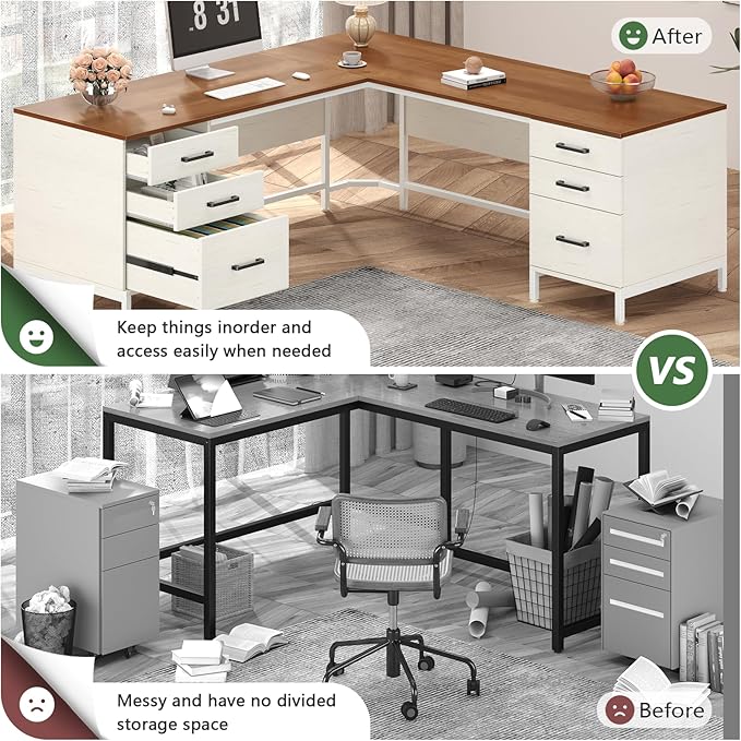 TVU 59’‘ L Shaped Desk with 6 Wood Drawers Large Home Office Corner Computer Desk with Storage File Cabinet Modern Metal Wood Desk for Executive Writing Study Workstation