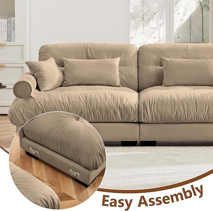 Oversized L Shaped Sectional Sofa 3 Seater Modular Velvet Cloud Couch with Ottoman Large Fluffy Couch Set for Living Room Camel