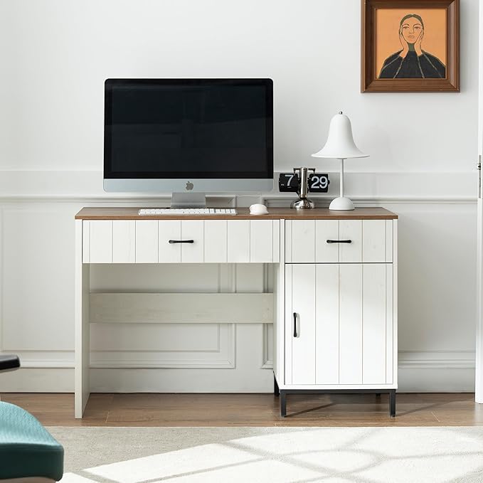 Farmhouse 47 Executive Desk Home Office Desk with File Drawer and Power Outlet Computer Desk with 2 Drawers and 1 Storage Cabinet Workstation for Office Home (White)