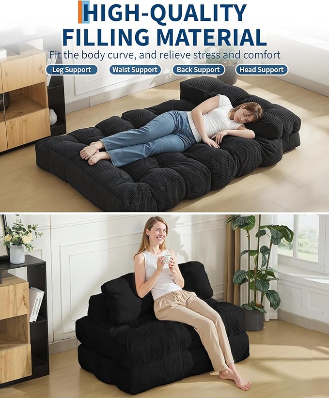 Garvee Folding Sofa Bed Convertible Sleeper Chair with Pillow Foldable Mattress with Back Support Boneless Fold Out Chair Bed Comfy Floor Sofa Lounge for Living Room Bedroom Black Full