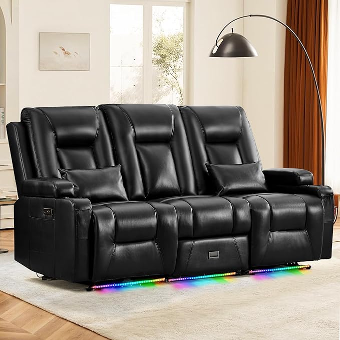 Houjud Wall Hugger Power Recliner Sofa 3-Seater RV Couch Reclining Sofa with LED Lights USB Ports Cup Holders Side Pockets Outlets Drawer for Living Room and Home Theater PU Leather Black