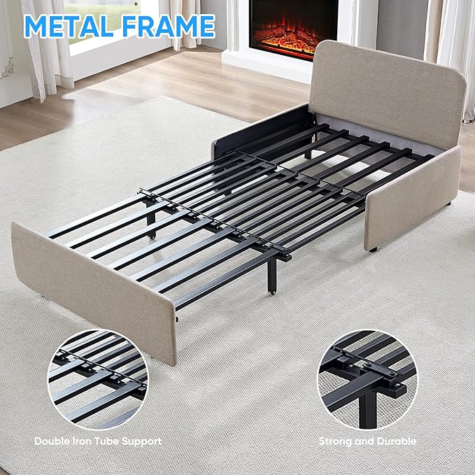 PUREMIND Twin Sofa Bed Twin Size Pull Out Sofa Beds with 2 Pillows&amp Tri-fold Mattress Linen Chair Bed Pull Out Couch Beds for Small Place Apartment Beige
