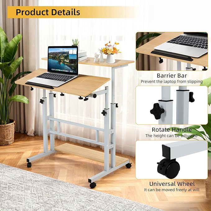 FAHKNS Small Standing Desk Portable Stand Up Desk with Wheels Adjustable Height Computer Desk for Home Reading Desk and Office Work