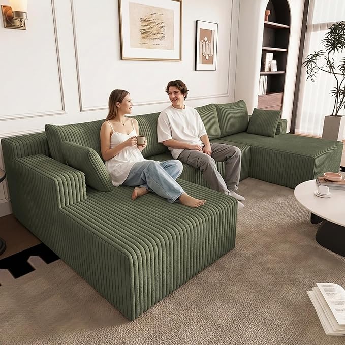 124 U-Shape Cloud Couch Modern Modular Sectional U-Shape Sofa Corduroy Boneless Couch Upholstered Couches Deep Seat Sleeper Chaise Longue for Living Room No Assembly RequiredGreen