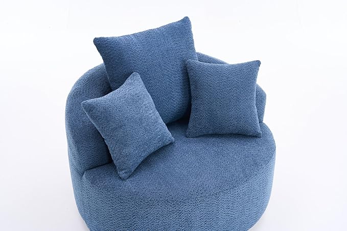 40” Blue Round Swivel Chair with 3 Pillows &amp Thick Cushion Oversized 360° Swivel Accent Chair Modern Boucle Armchair for Nursery Living Room Bedroom Club