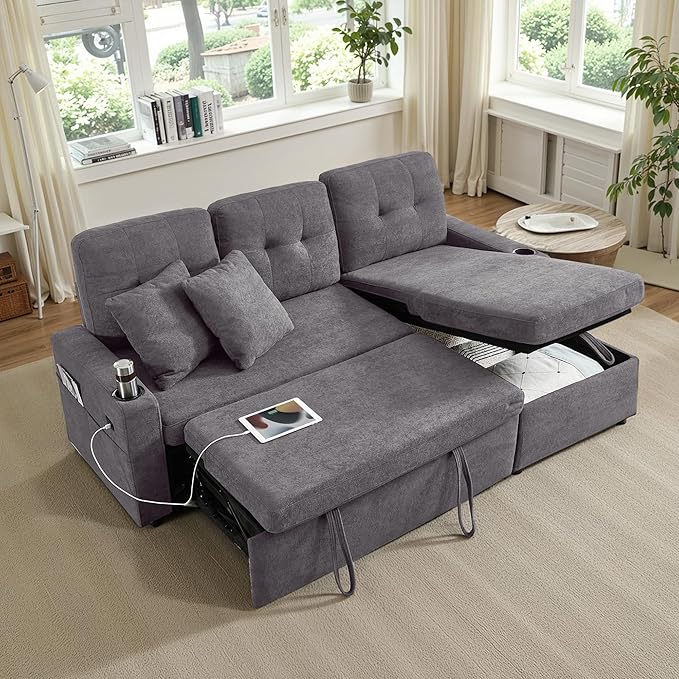 Reversible Sectional Sofa Couch Sleeper Sofa Bed with Storage Chaise Pull Out Couch for Living Room | USB Charge | Cup Holder | Removable Backrest |Teddy Fabric (LightGrey)