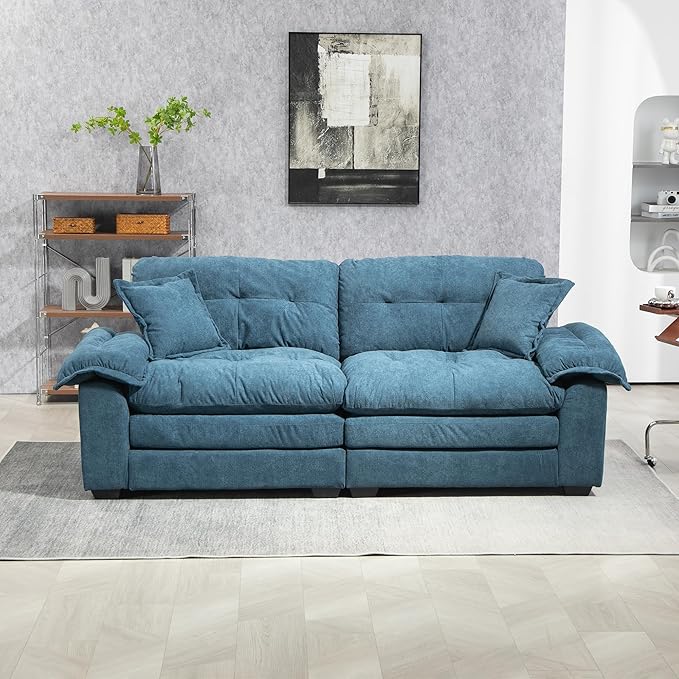 Modern 84 Chenille Loveseat Sofa Ultra-Comfy Upholstered Couch with 2 Pillows for Apartment Living Room Bedroom or Home Office (Blue)