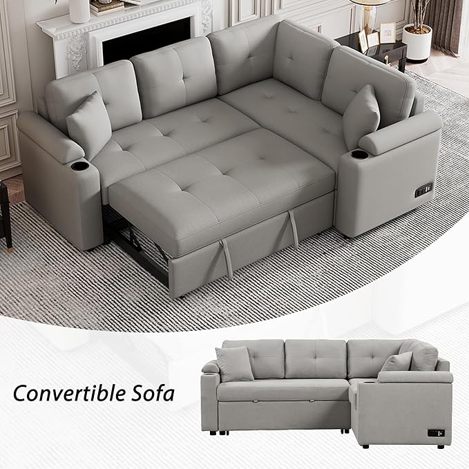 83 L-Shape Sofa Bed Pull-Out Sleeper Sofa with Wheels and Built-in Cup Holders Modern Button Tufted 3 Seater Sectional Corner Couch with Power Sockets for Living Room (Grey-s32)