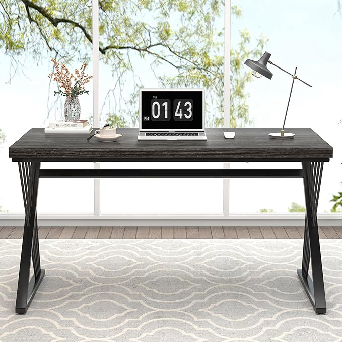 FOLUBAN Modern Home Office Desk Rustic Wood and Metal Computer Desk Writing Study Gaming Table PC Desks for Living Room Bedroom Industrial Dark Gray 53 inch