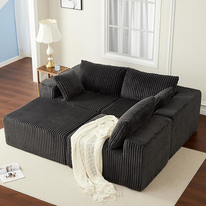 108'' Modular Sectional Sofa Corduroy Sponge Compression Sofa with Deep Seat Comfy Memory Foam Sofa for Living Room Bedroom No Assembly Required Grey