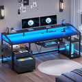 SEDETA 63 Computer Desk Office Desk with Lockable Drawers for Legal/Letter File Gaming Desk with LED Lights &amp Power Outlet Home Office Desks with Storage Black