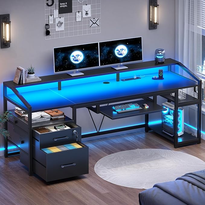 SEDETA 63 Computer Desk Office Desk with Lockable Drawers for Legal/Letter File Gaming Desk with LED Lights &amp Power Outlet Home Office Desks with Storage Black