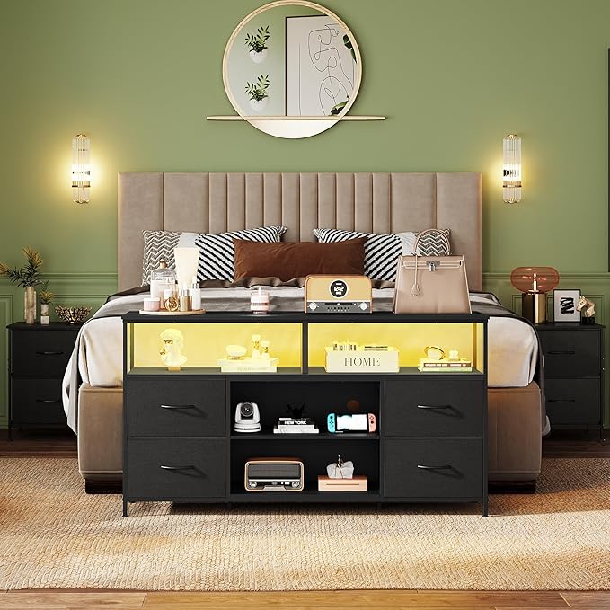 WLIVE TV Stand Dresser for 505560 inch TV Entertainment Center with LED Lights &amp Fabric Drawers Dresser TV Stand for Bedroom and Living Room with Open Shelves Black