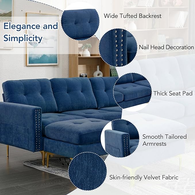 Merax Velvet L-Shape Sofa 4 Seat with Chaise and Movable Ottoman 110.6 Sofa Couch for Living Room Apartment Office (Blue)