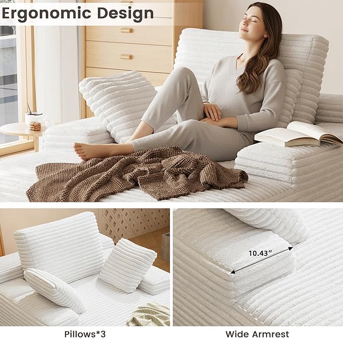 67'' Chaise Lounge Chair Indoor Oversized Boneless Sofa Bed Fluffy Corduroy Sleeper Sofa for Apartment Bedroom Living Room Comfy Cloud Boneless Couch Reading Recliner No Assembly Beige