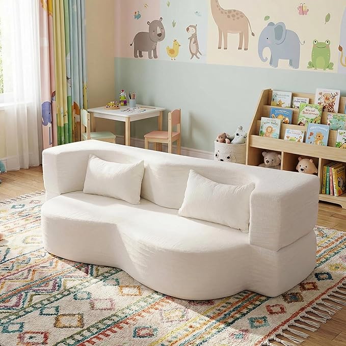 78.35 Loveseat Sofa Bed Modern 2-in-1 Convertible Curved Floor Love Seat Couch Teddy Fabric Memory Foam Cloud Couch with 2 Pillows No Assembly for Living Room Apartment Small Space