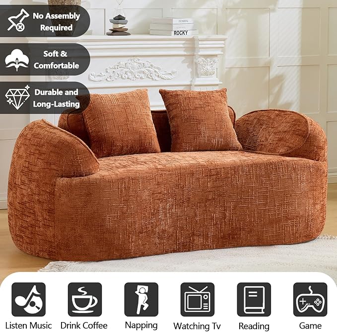 67 Curved Loveseat Sofa with 2 Pillows Modern Boneless Couch in a Box Small Cloud Loveseat for Bedroom Small Space Apartment Living Room Memory Foam Chenille No Assembly (Orange)