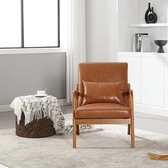 Modern Accent Chair Solid Wood Padding Lounge Armchairs with One Pillow for Living Room Bedroom Guest Room (Light Brown PU) RZ740
