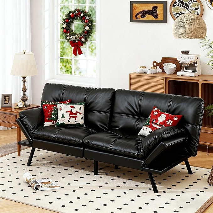 MUUEGM 71 Convertible Futon Sofa Bed Adjustable Backrest &amp Armrest Couch Comfortable Sleeper Loveseat with Faux Leather Ideal for Small Space Living Room Apartment Office Black