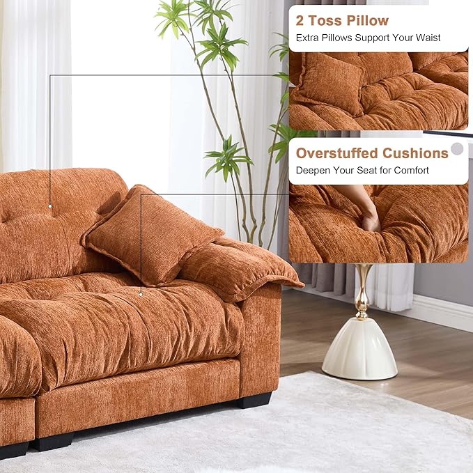 90.55 Oversized Loveseat Couch for Bedroom Cloud Couch Small Couches for Small Spaces 2 Seater Deep Loveseat Burnt Orange Modern Sleeper Sofa Orange