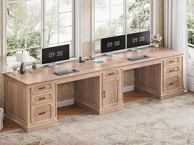 SEDETA Farmhouse 110.3 Two Person Desk with 7 Drawers Long Computer Desk with Storage Cabinet 2 Person Desk with Power Outlets for Home Office Natural Oak
