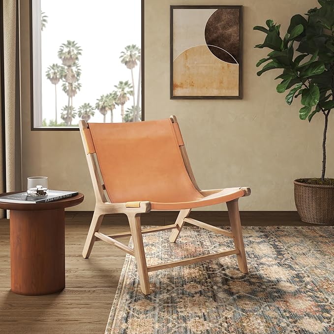 SAFAVIEH Couture Collection - Alanarose Tan &amp Natural Solid Teak Wood Accent Chair Modern Sling Style Leather Seat Fully Assembled (SFV1903D)
