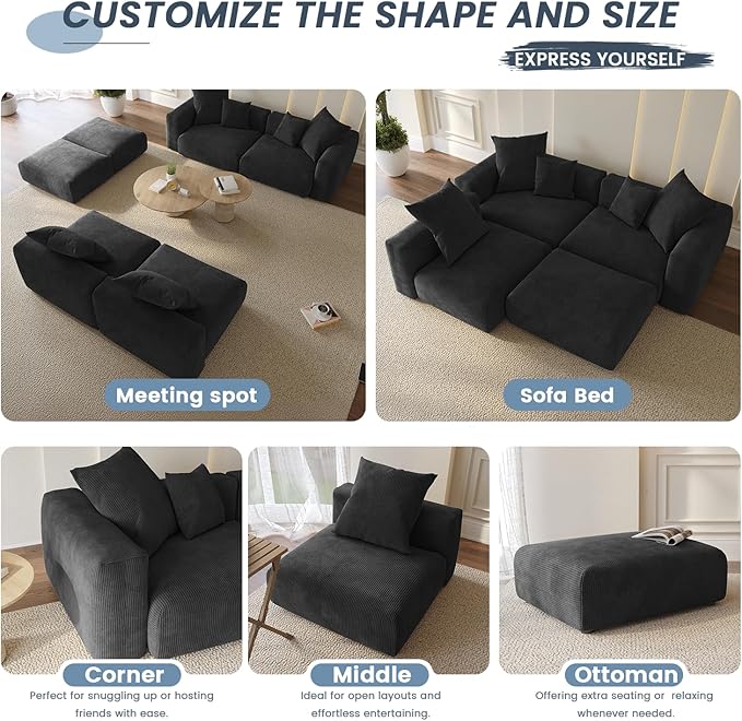 Sectional Couches for Living Room102inch Cloud Couch Modular Sectional SofaModern Corduroy Couch Love SeatCushion Covers Removable&amp Washable (Black)