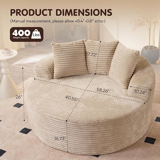 ovios 58 Oversized Round Chair Lounge Chaise Indoor No Assembly Required Cloud Large Circle Chair with Plush Fuax Fur Fluffy Modern Sleeper Sofa Bed for Reading Yoga Beige (Plush Corduroy Fabric)