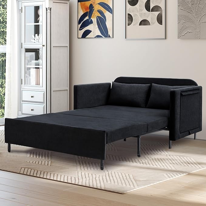 51'' Small Pull Out Sofa Bed 3-in-1 Convertible Sleeper Couch Bed Chenille Futon Sleeper Sofa with Side Table and 2 Pillows Modern Loveseat Couch for Living Room Bedroom Home Office (Black)