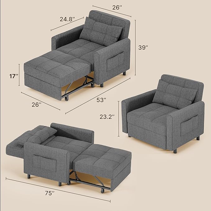 Gizoon Sofa Bed Chair 3 in 1 Convertible Pullout Single Sleeper Chair Bed with Adjustable Backrest Spacious Multifunctional Sofa Couches for Living Room Bedroom Apartment