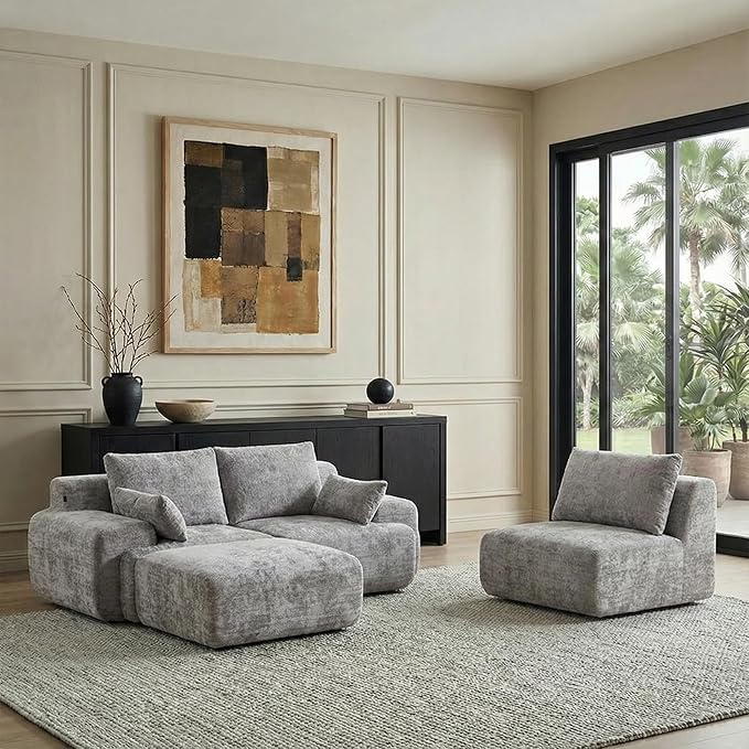 WELAX 114 Sectional Couches for Living Room Boneless Couch L-Shape with Pillows &amp Ottoman Modular Chenille Cloud Sofa 4 Seater Home Comfy Sofas for Apartment Grey